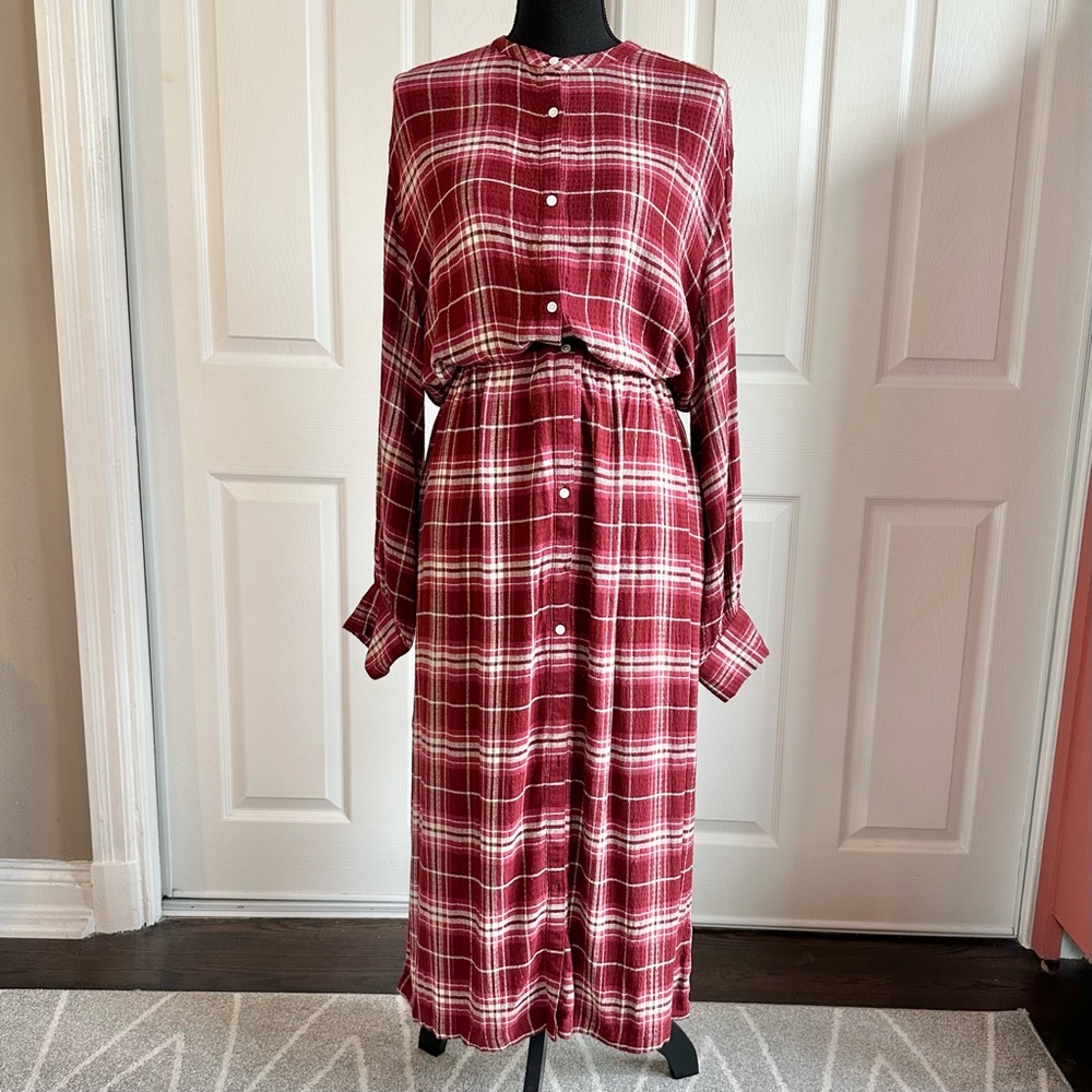 Treasure & Bond Red Plaid Flannel Tie Waist Shirt Dress